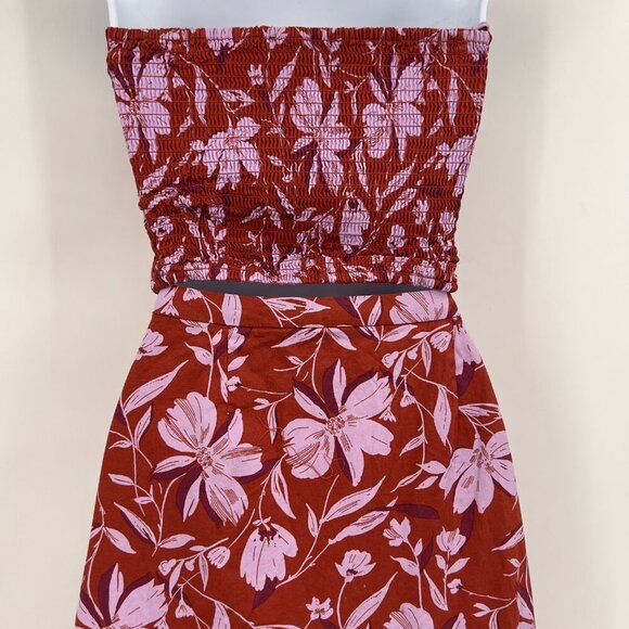 WAYF  Two Piece Strapless Floral Maxi Dress Rust Red Pink Tiered Smocked Back S - Picture 7 of 16